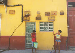 Photo of two people outside a store with caged birds in Havana