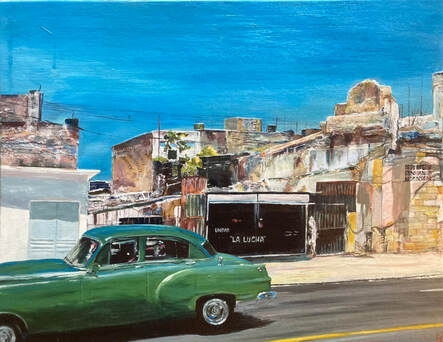 Cuba street view with car, La Lucha, mixed media painting